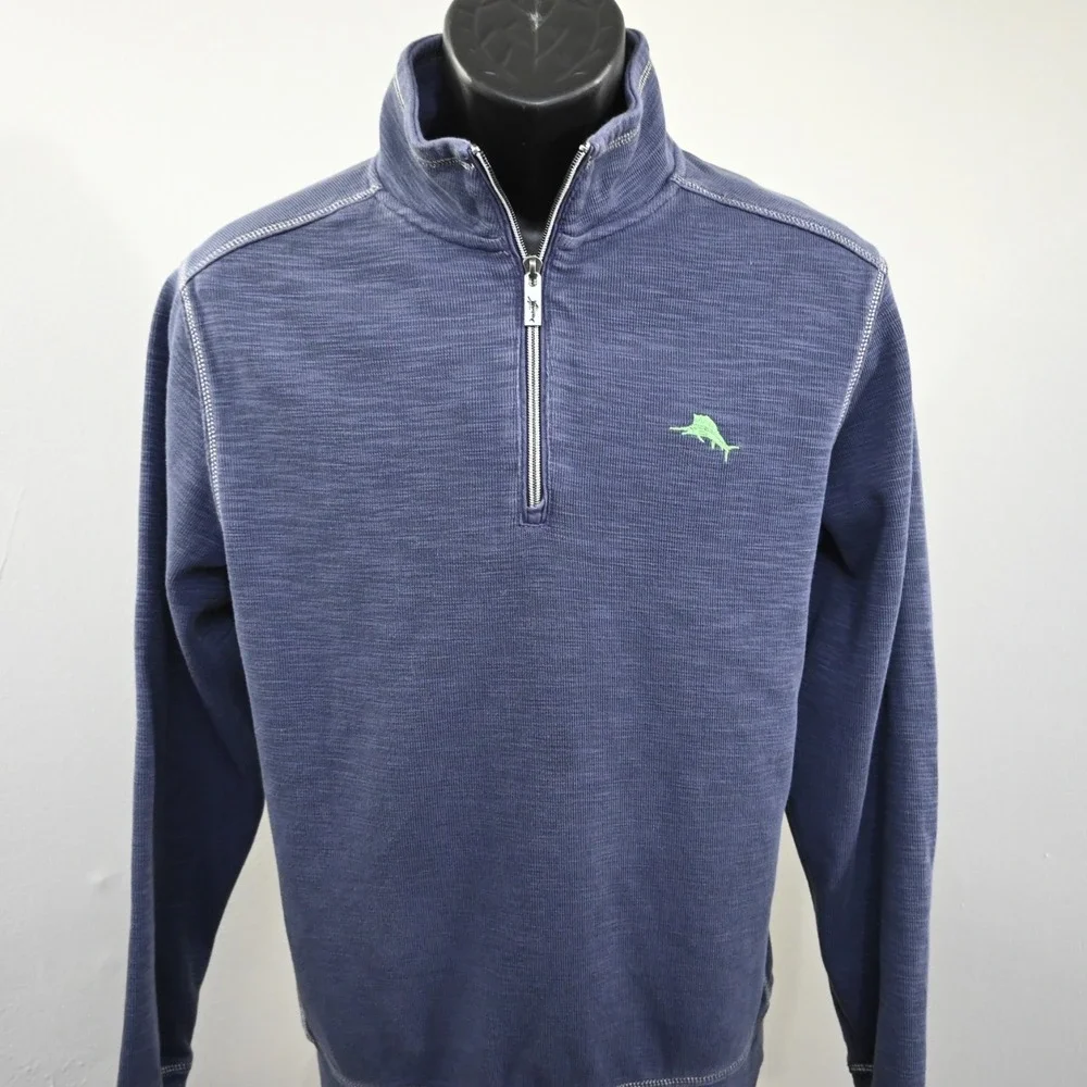 Tommy Bahama Marlin 1/4 Zip Jacket Blue Pima Long Sleeve‎ Mens Size Medium